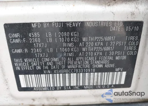 2011 Subaru Outback 2.5I Premium z USA, uszkodzony, nr VIN 4S4BRBCC7B3310918